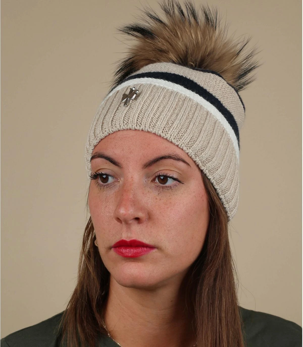 Messina beige Messina Beige -Célèbre Chapeaux Magasin messina beigebonnet20rayure20beige20pompon20Messina20beige